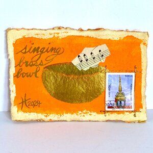 Singing Bowl Collage Original Art Painting Mixed Media Matted 8x10in